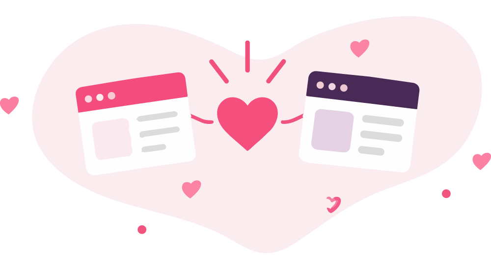 Two browser windows connected by a heart.